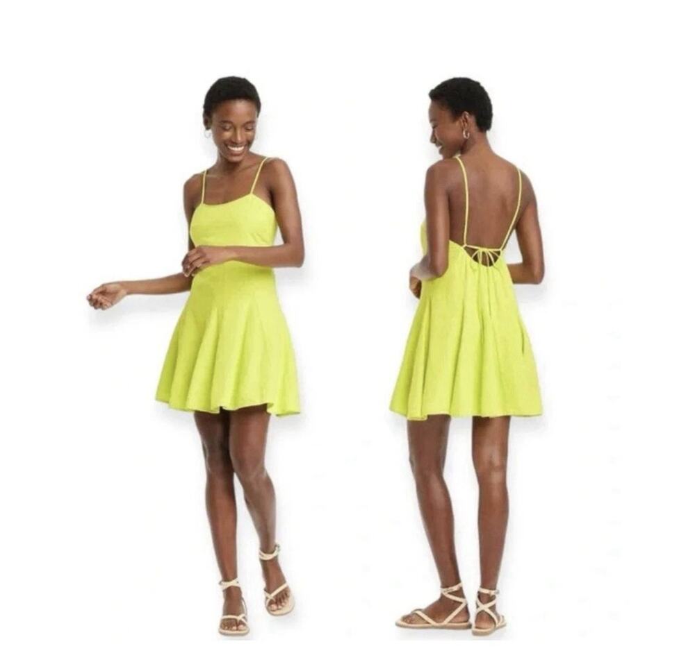 A New Day Beach Bungalow Linen Mini Dress Lime Green Strappy Back Women's XL